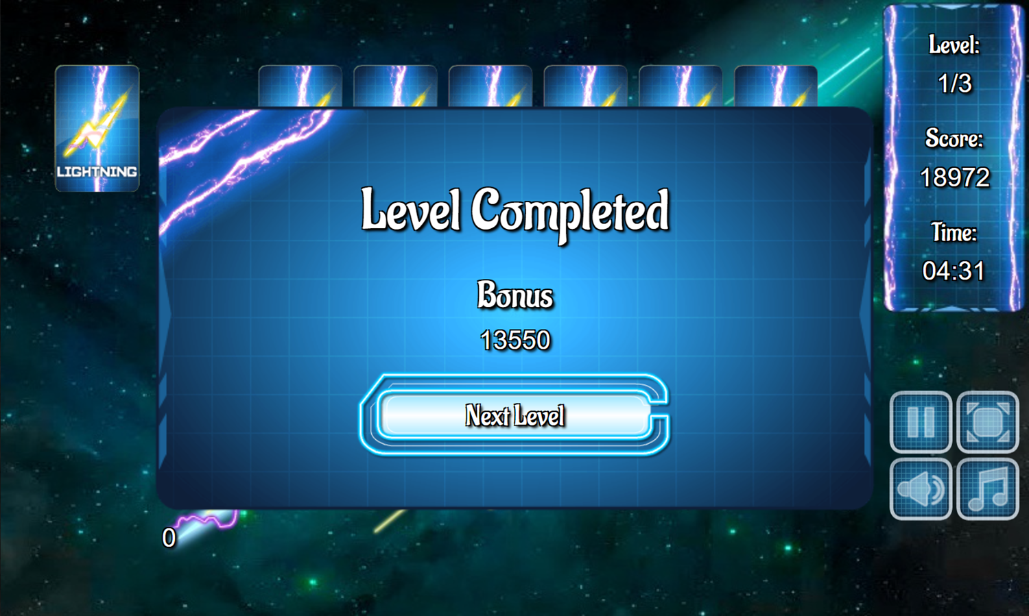 Lightning Solitaire Game Level Completed Screenshot.