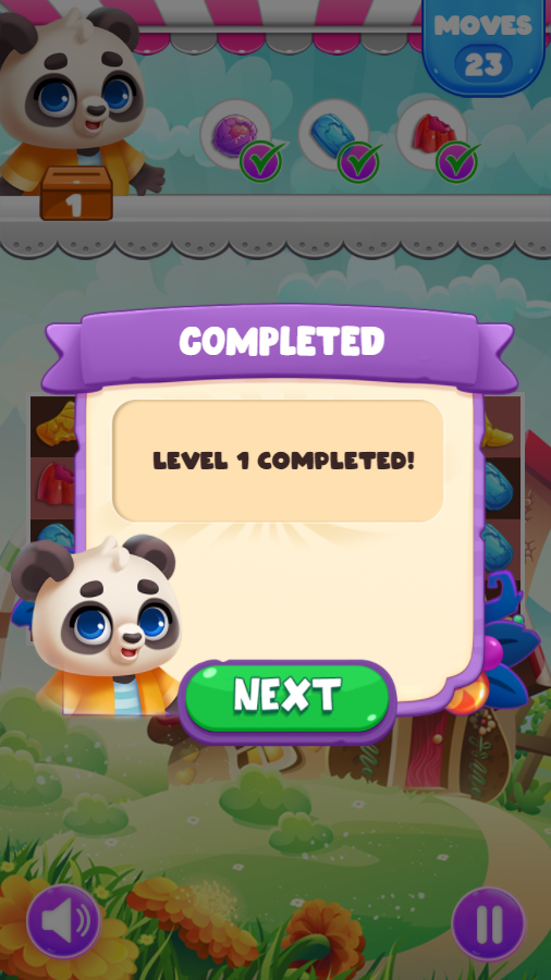 Little Panda Match 3 Game Level Completed Screenshot.