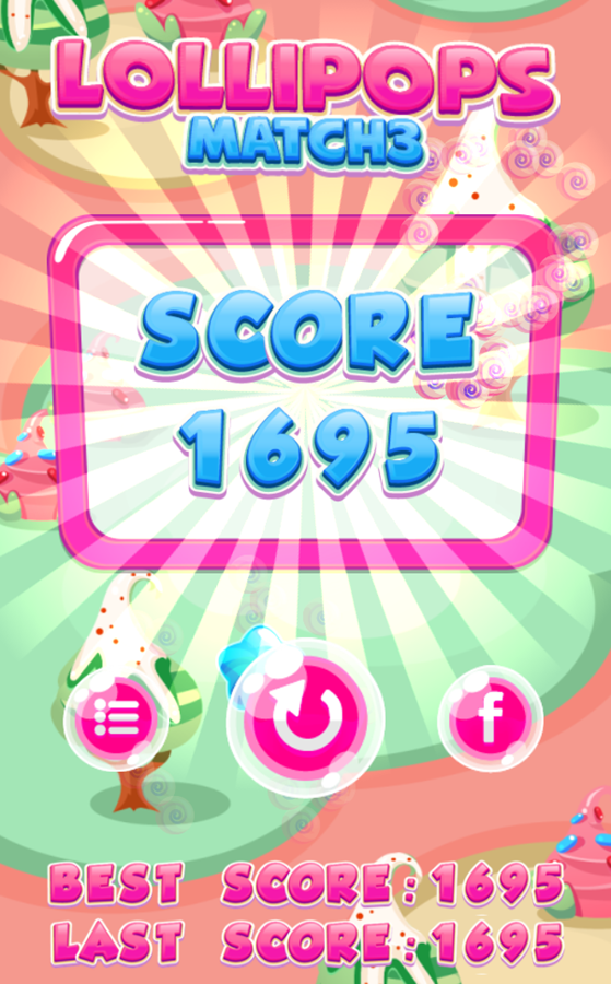Lollipops Match 3 Game Score Screenshot.