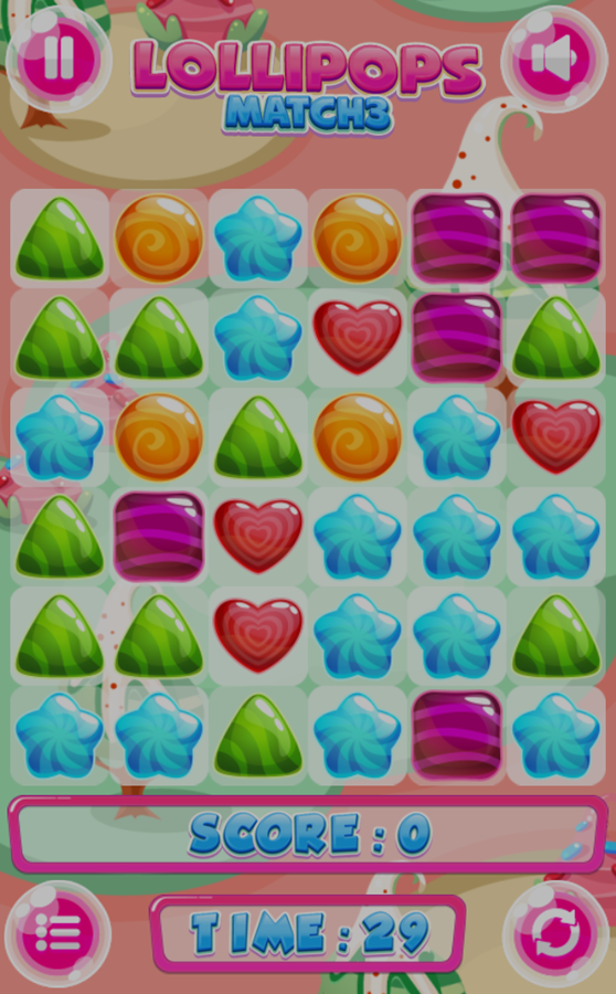 Lollipops Match 3 Game Start Screenshot.