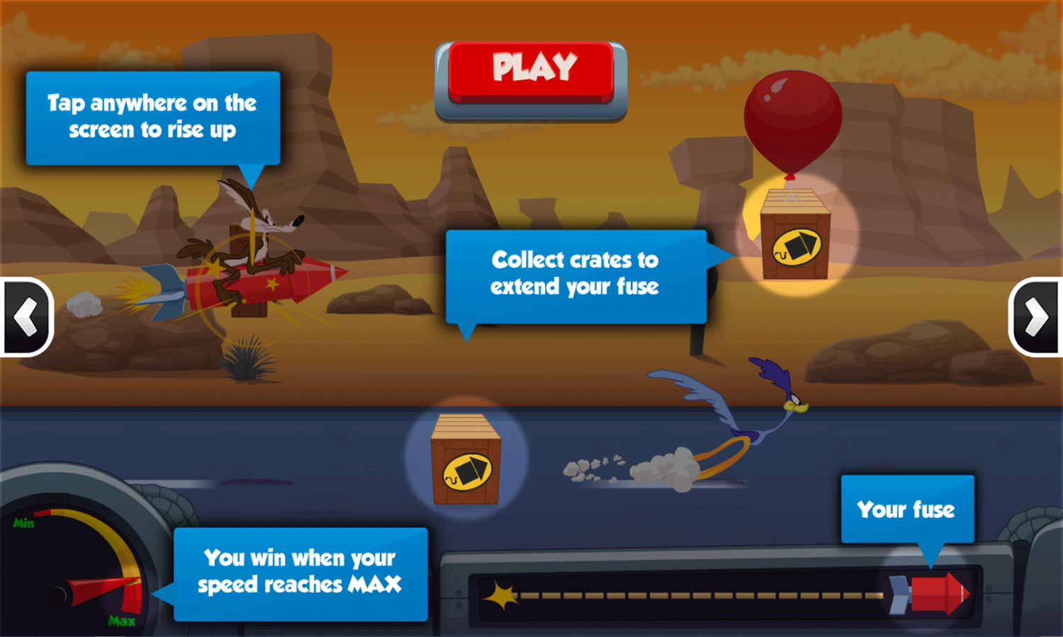 Looney Tunes Acme Rocket Dash Game Instructions Screenshot.