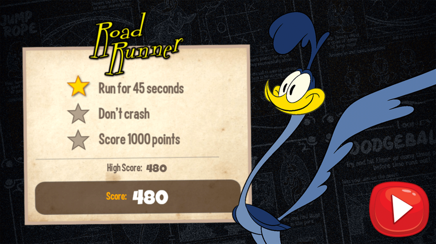 Looney Tunes Recess Road Runner Foot Race Game Score Screenshot.