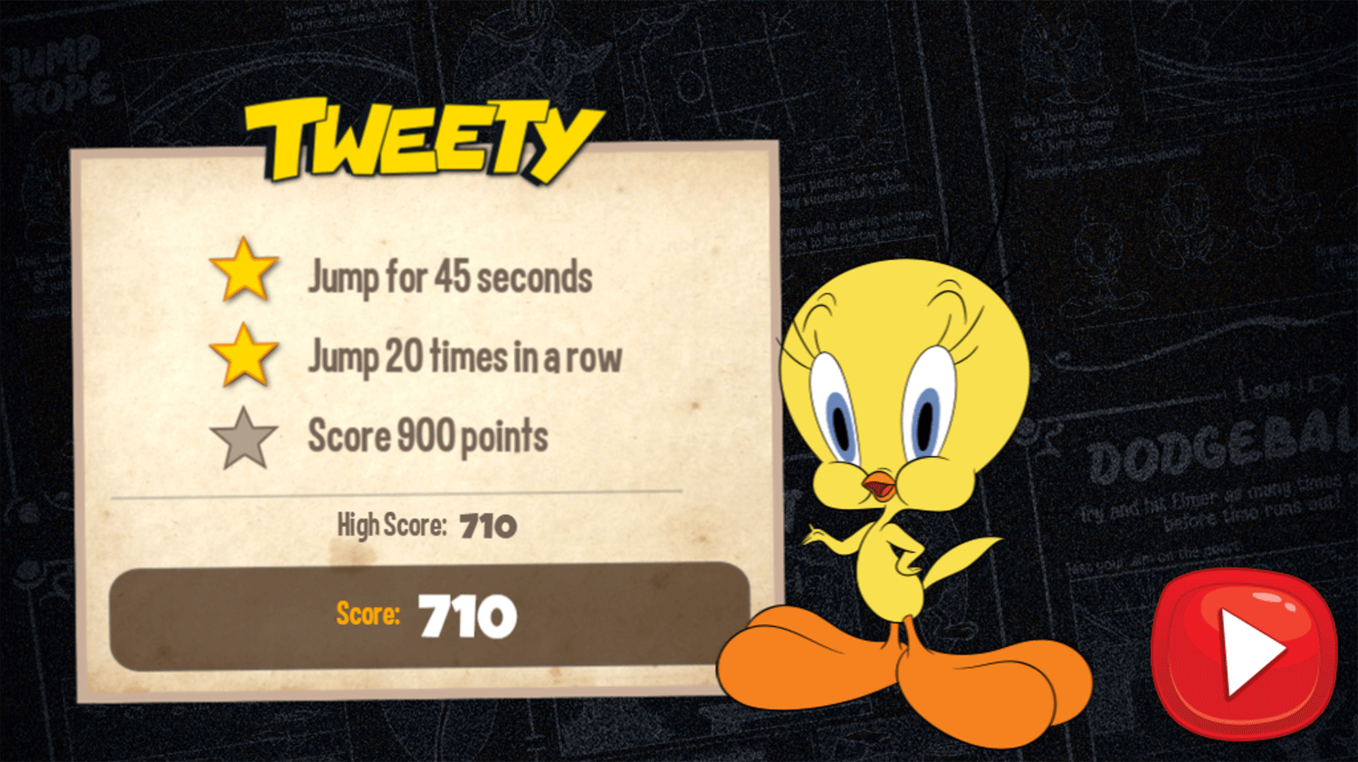 Looney Tunes Recess Tweety Jump Rope Game Score Screenshot.
