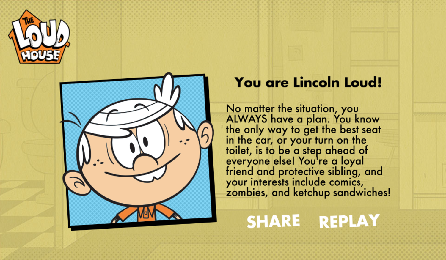 Loud House Character Quiz Game Result Screenshot.