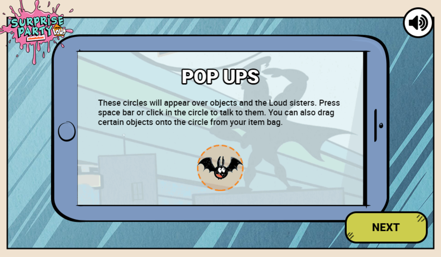 Loud House Surprise Party Game Instructions Screenshot.