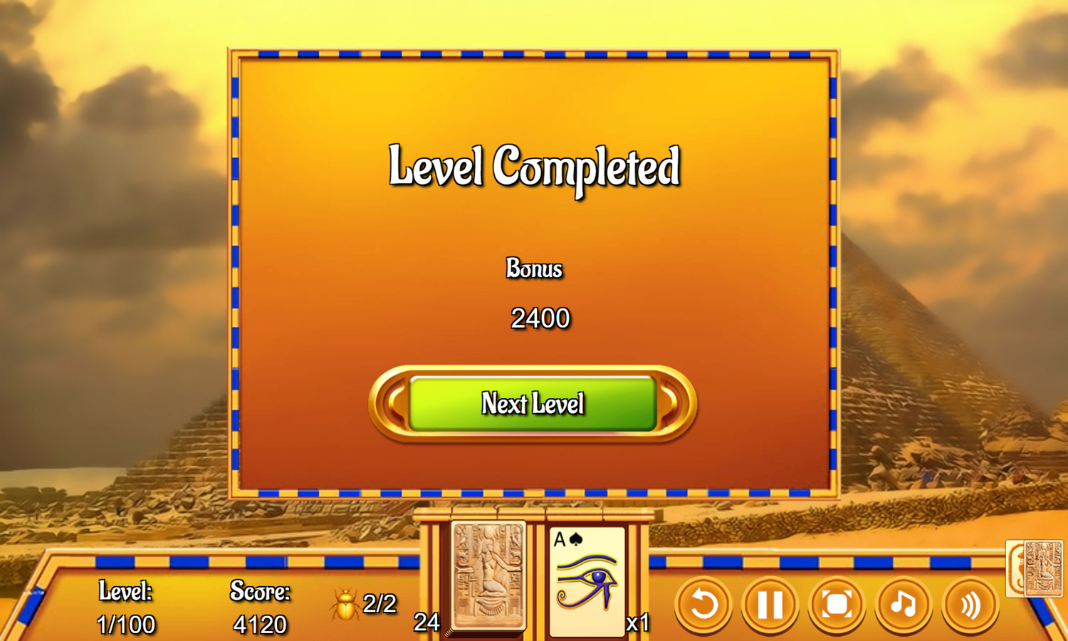 Luxor Tripeaks Game Level Completed Screenshot.