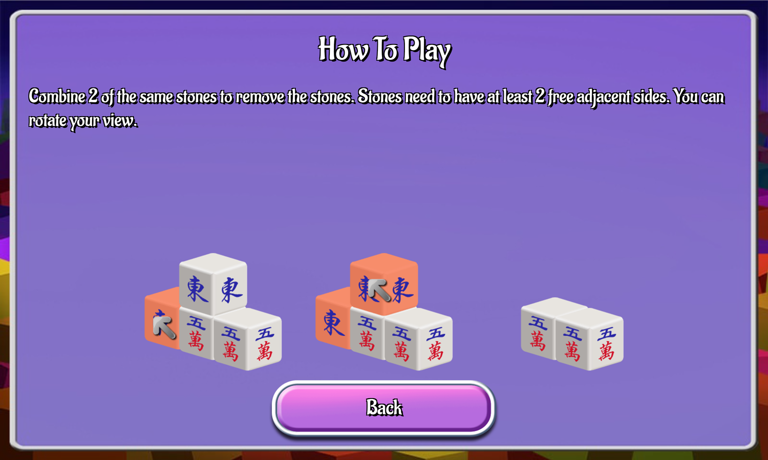 Mahjong 3D Game Help Screen Screenshot.