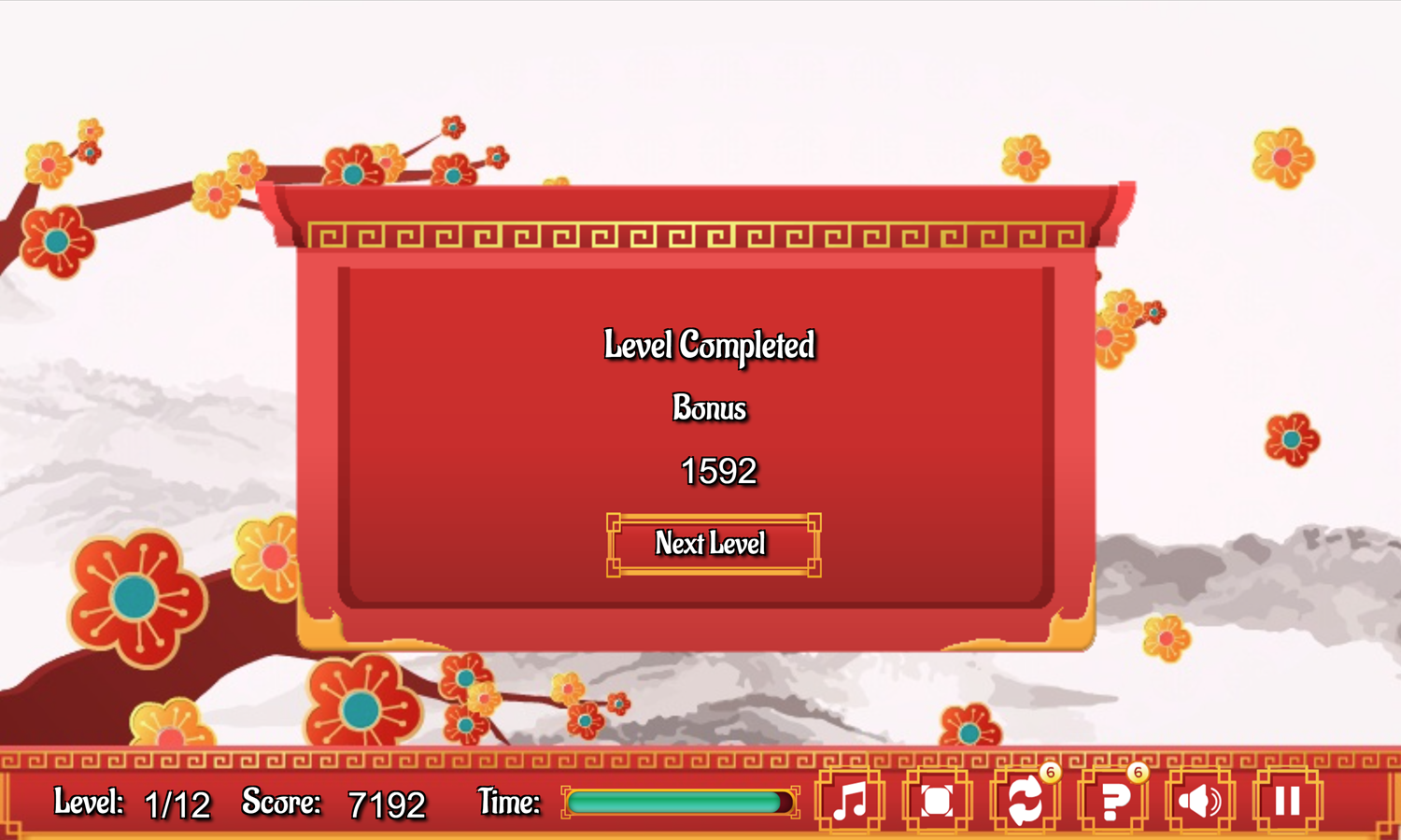 Mahjong Chain Game Level Completed Screen Screenshot.