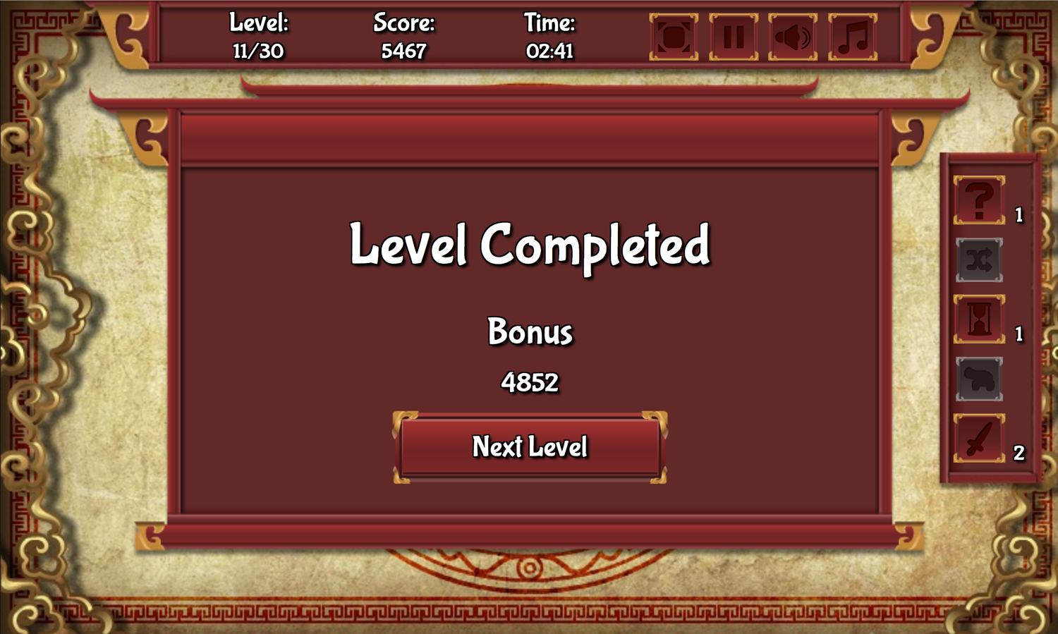 Mahjong Connect 2 Game Level Completed Screen Screenshot.