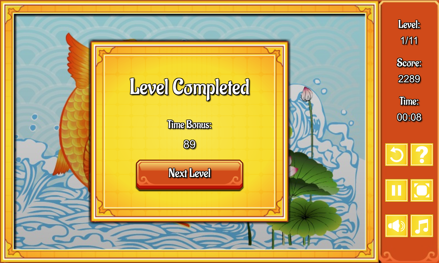 Mahjongg China Game Level Completed Screen Screenshot.