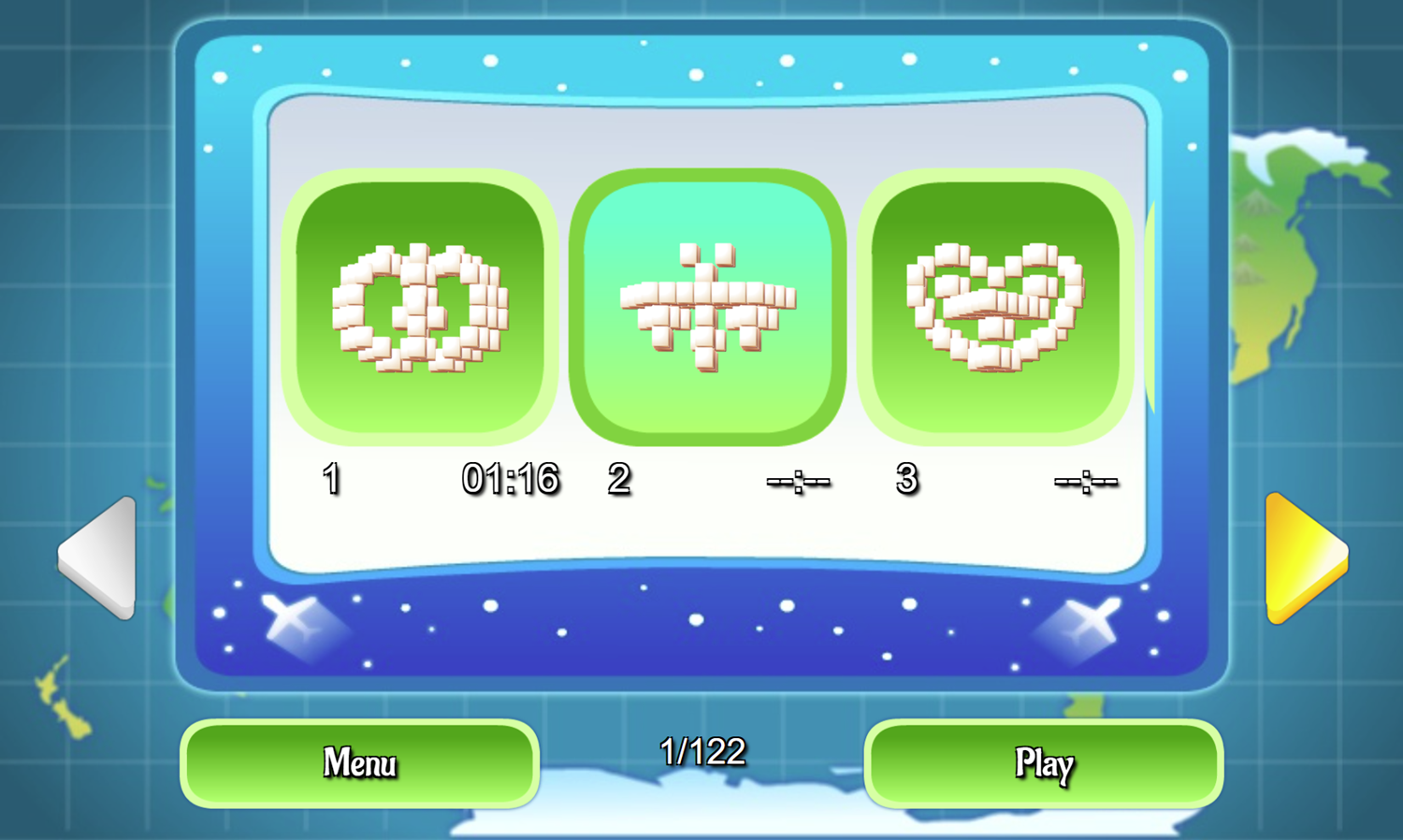 Mahjongg Journey Game Casual Mode Level Select Screen Screenshot.