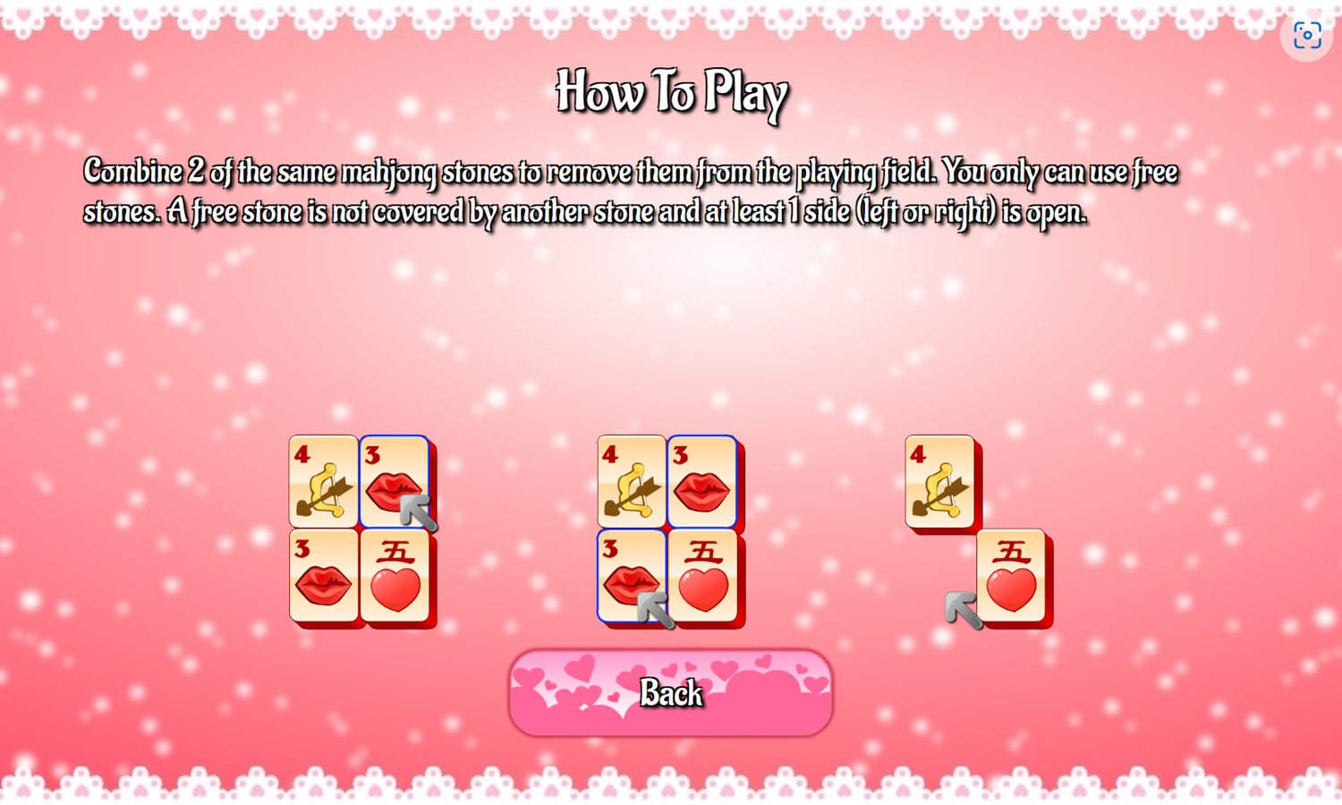 Mahjongg Valentine Game How To Play Screenshot.