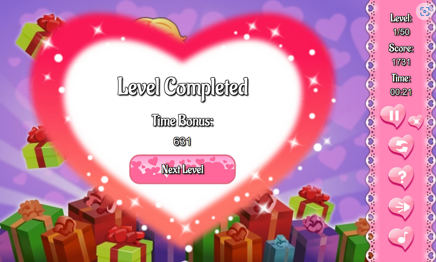 Mahjongg Valentine Game Level Completed Screenshot.