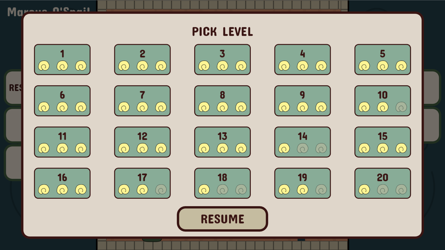 Marcus O'Snail Game Level Select Screen Screenshot.