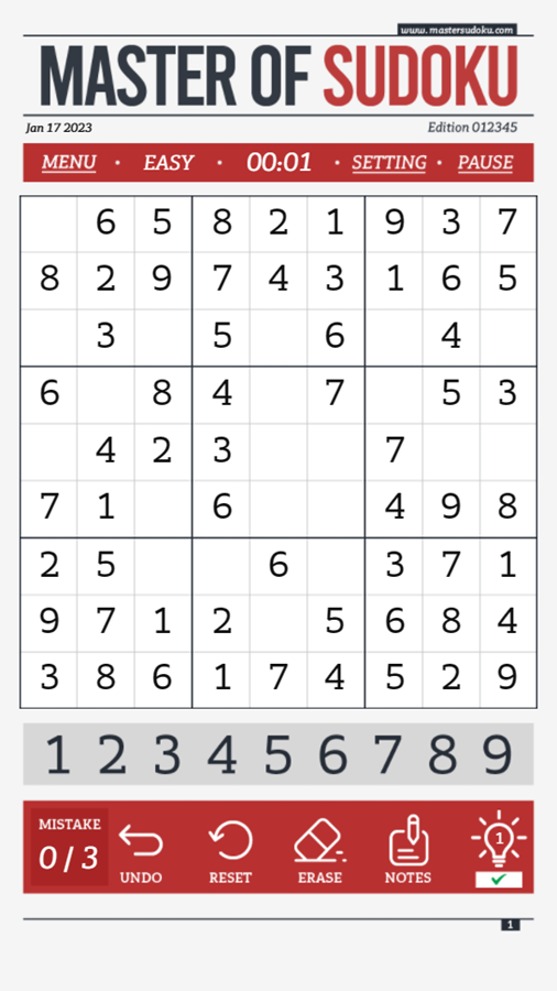 Master of Sudoku Game Start Screenshot.