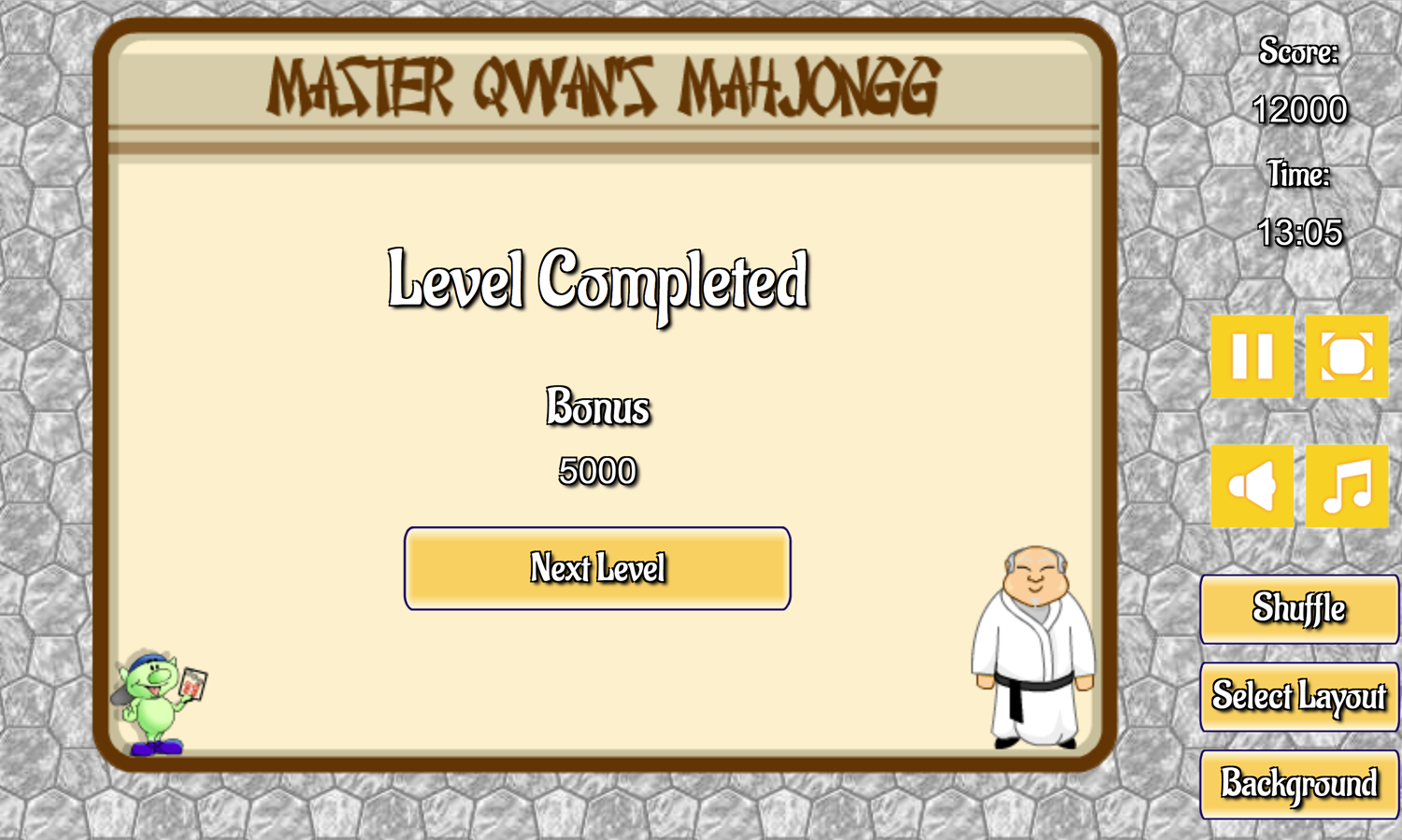 Master Qwan's Mahjongg Game Level Beat Screen Screenshot.