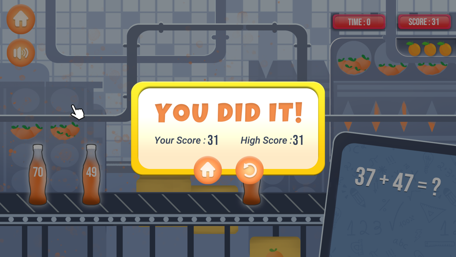 Math Juice Factory Game Over Screenshot.