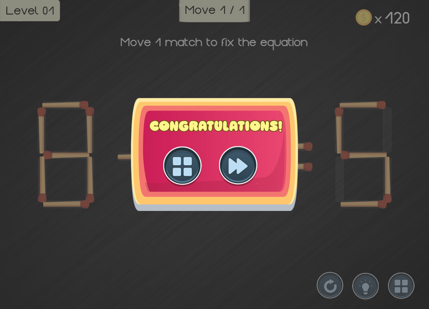 Math Matchsticks Game Level Complete Screenshot.