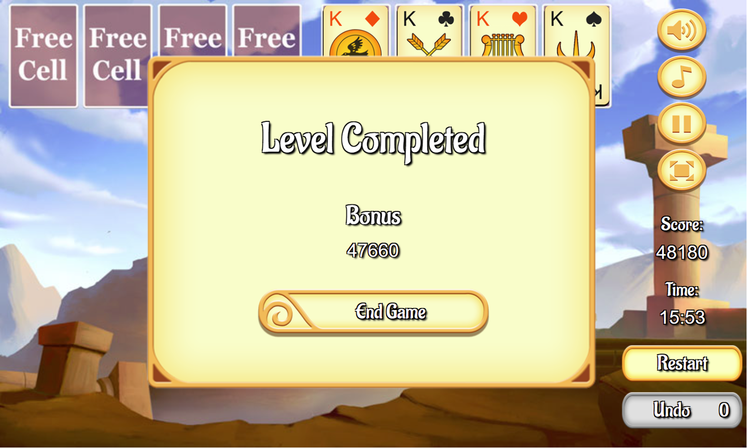 Medieval Freecell Game Completed Screenshot.