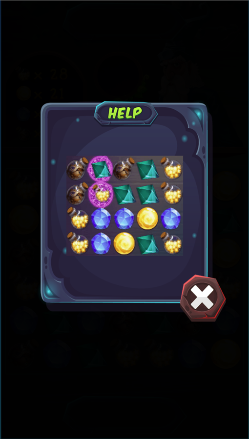 Merlin's Treasure Match 3 Game Help Screen Screenshot.