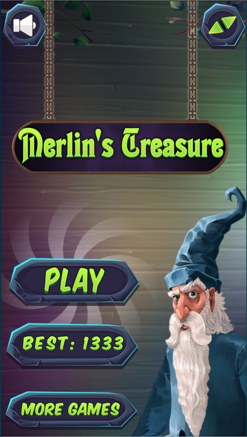 Merlin's Treasure Match 3 Game Welcome Screen Screenshot.