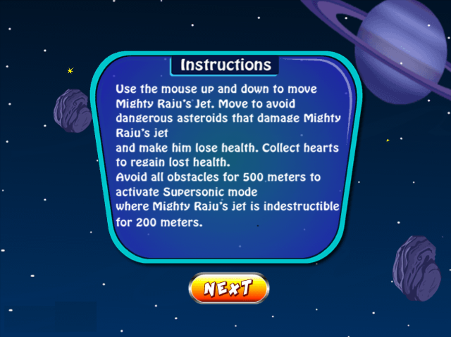 Mighty Raju and His Space Adventure Game Instructions Screenshot.