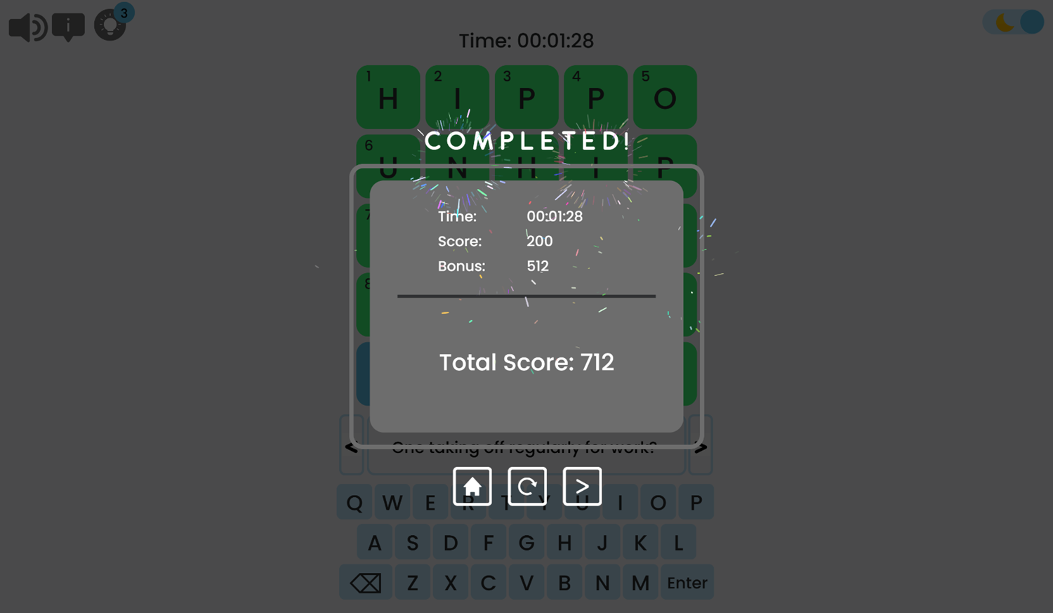 Mini Crossword Game Level Completed Screenshot.