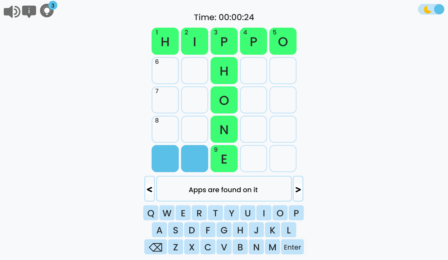 Mini Crossword Game Level Play Screenshot.