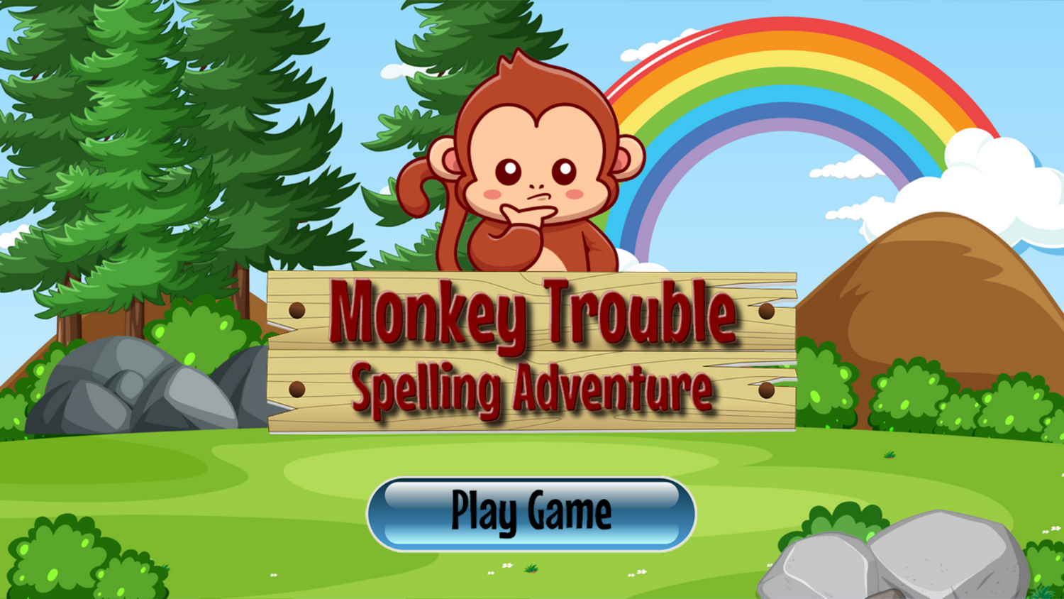 Monkey Trouble Spelling Adventure Game Welcome Screen Screenshot.