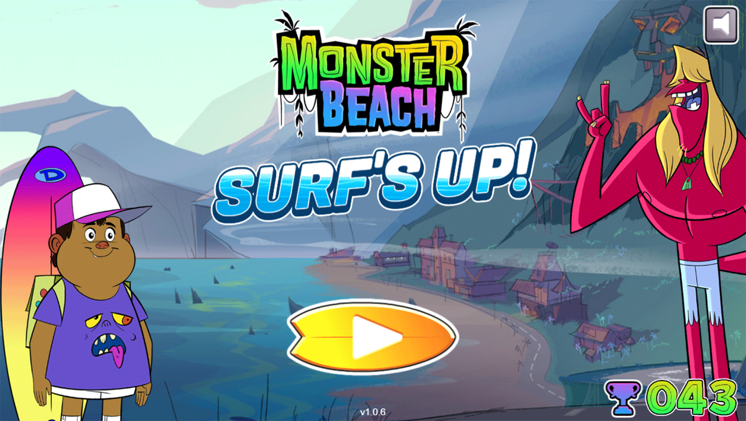 Monster Beach Surfs Up Game Welcome Screen Screenshot.