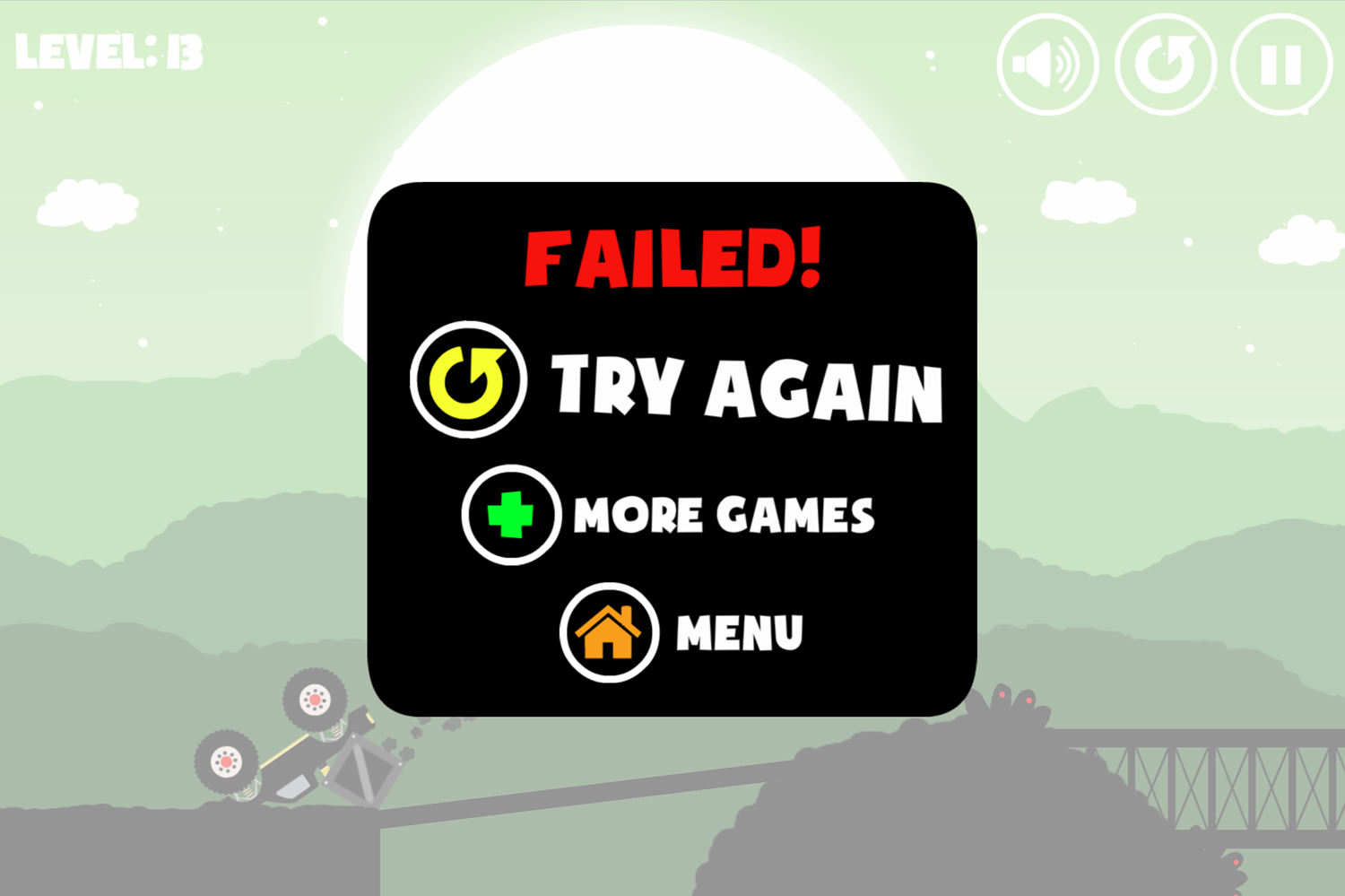 Monster Truck Forest Delivery Game Level Failed Screen Screenshot.