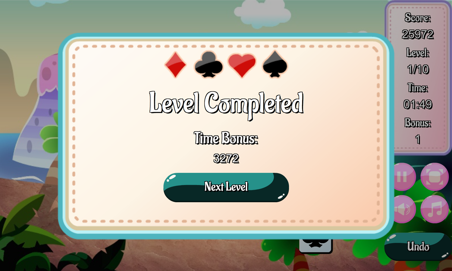 Mountain Solitaire Game Level Completed Screen Screenshot.