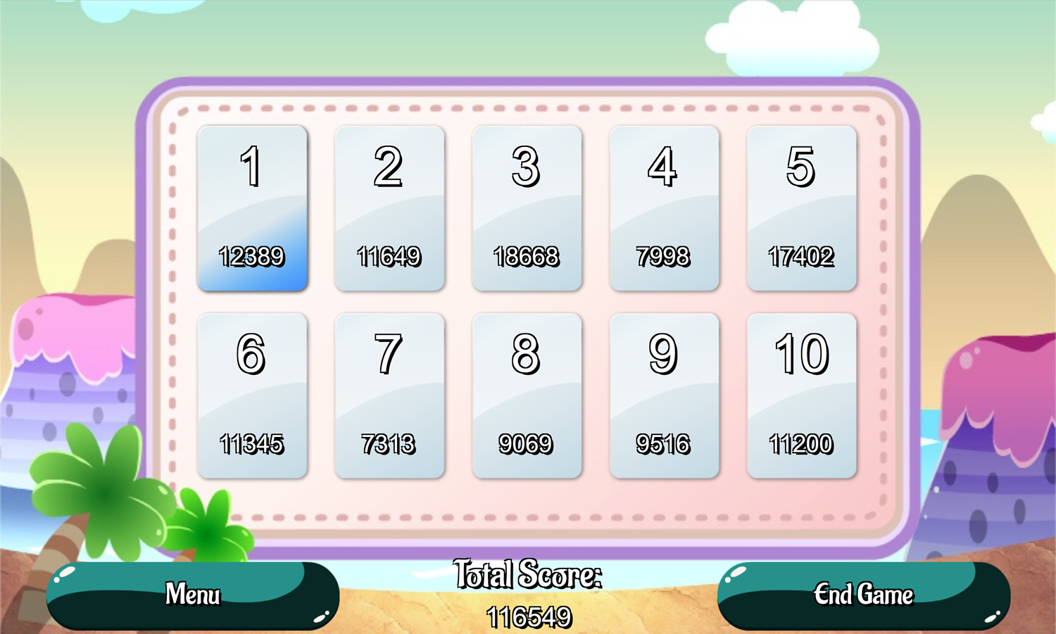Mountain Solitaire Game Level Select Screen Screenshot.