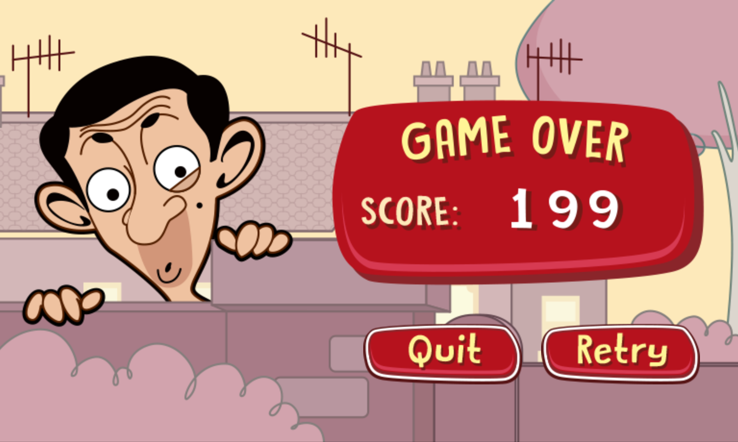 Mr. Bean's Bean Skidding Skateboarding Game Over Screen Screenshot.