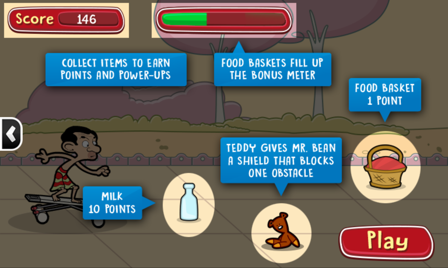 Mr. Bean's Bean Skidding Skateboarding Game Food, Points and Teddy Bear Advice Screenshot.