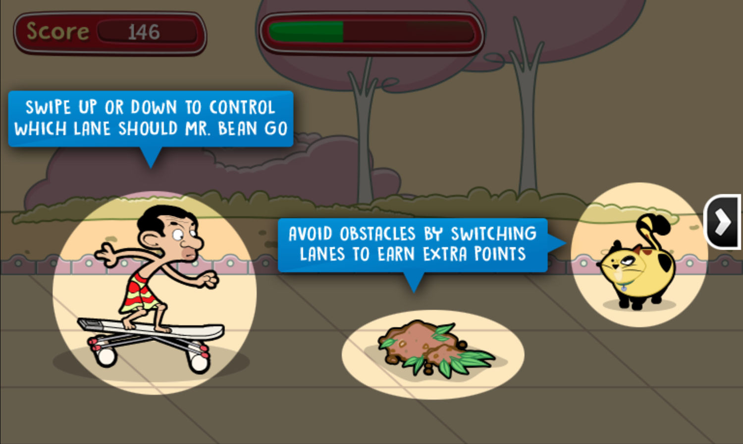 Mr. Bean's Bean Skidding Skateboarding Game Instructions Avoid Obstacles Screenshot.