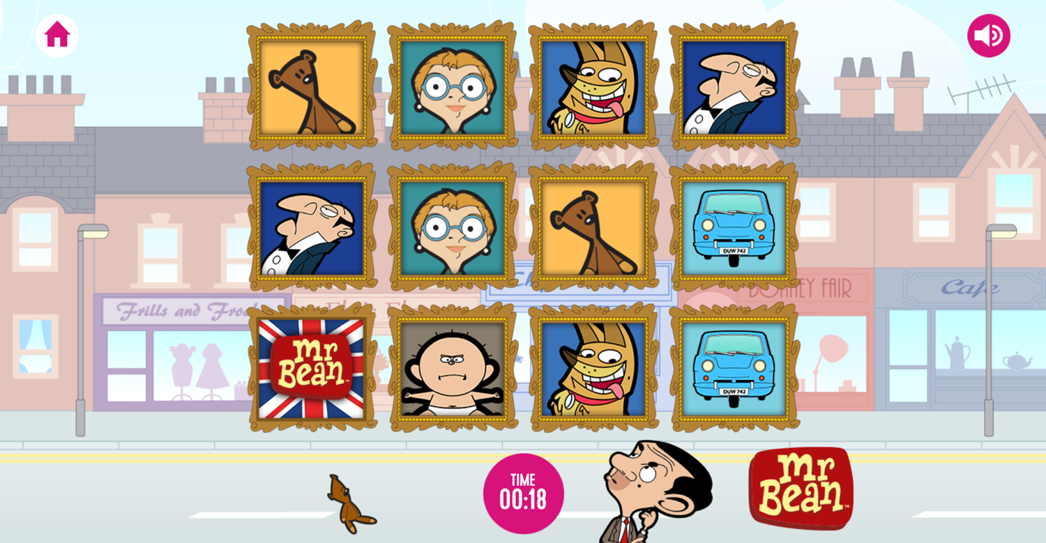 Mr. Bean Matching Pairs Memory Cards Game Screen Screenshot.