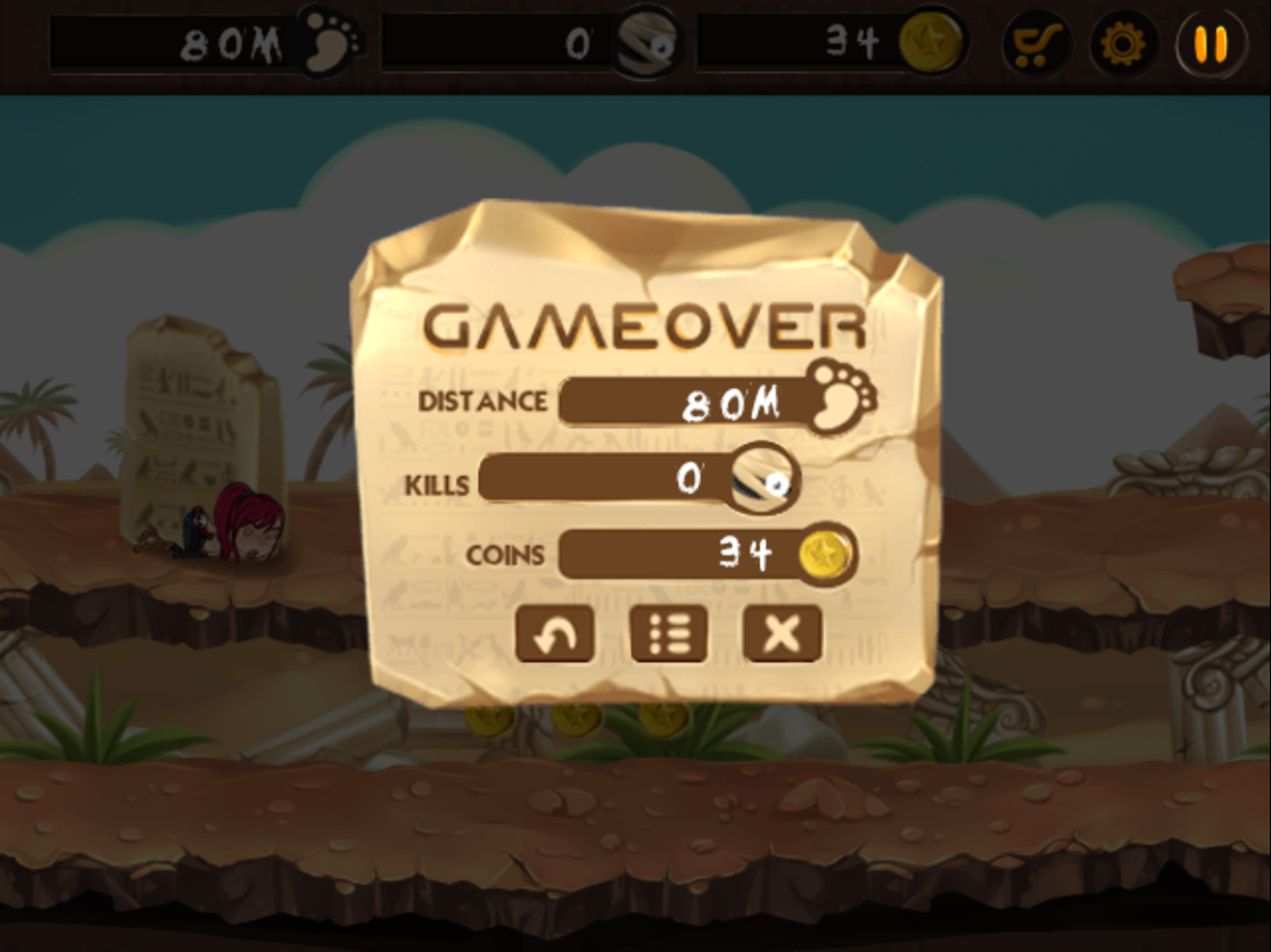 Mummy Hunter Game Over Screen Screenshot.