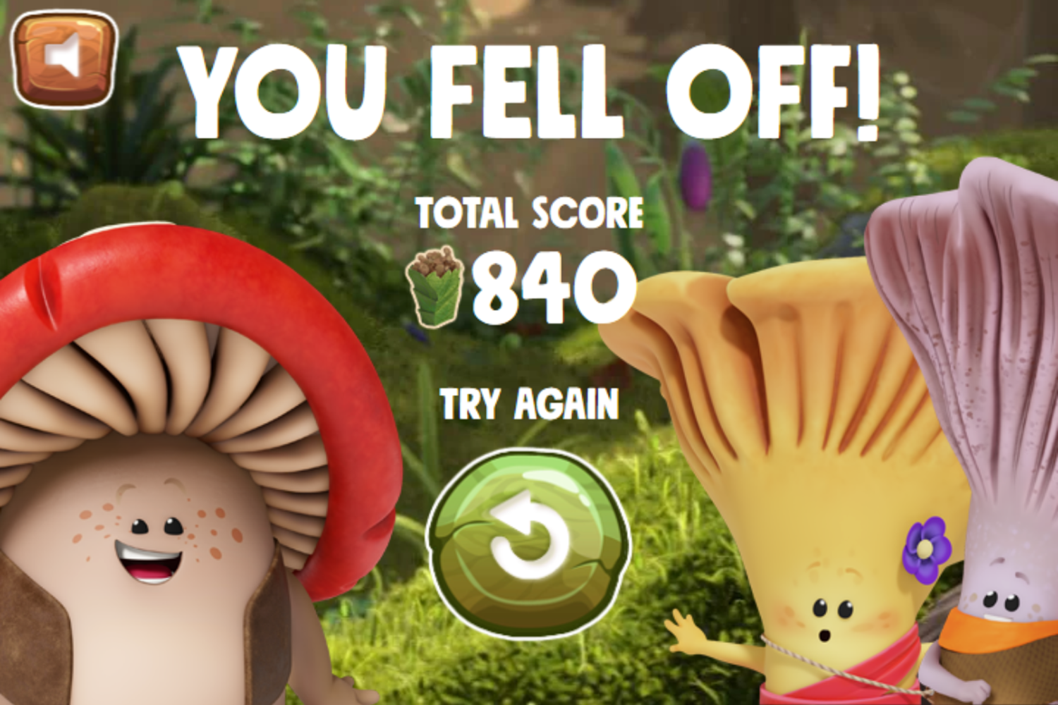 Mush Mush and the Mushables Forest Rush Game Try Again Screenshot.