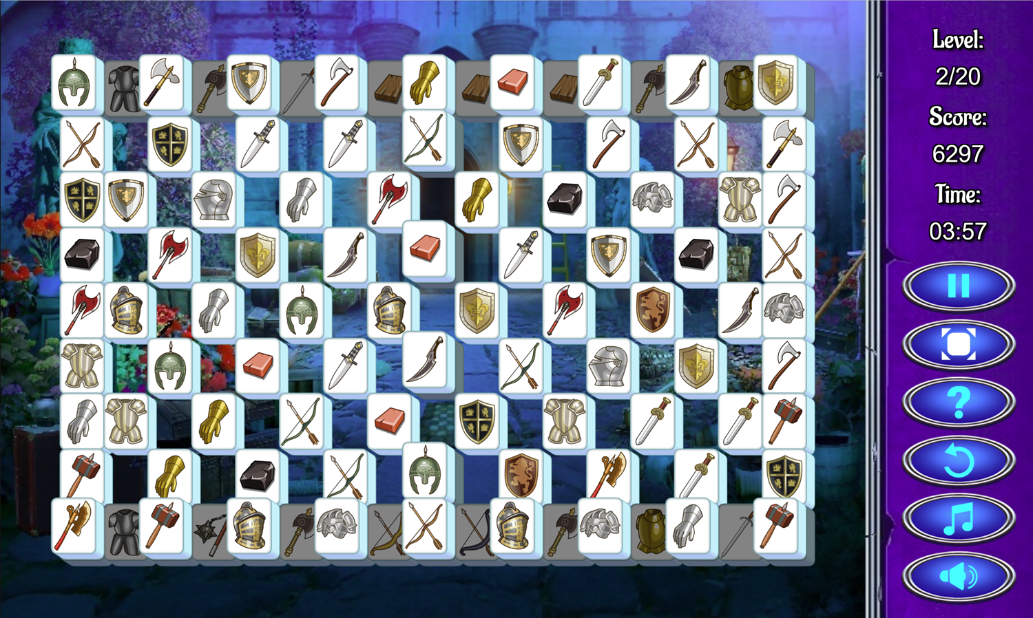 Mysterious Mahjong Game Medieval Armor and Weapons Tiles Screenshot.