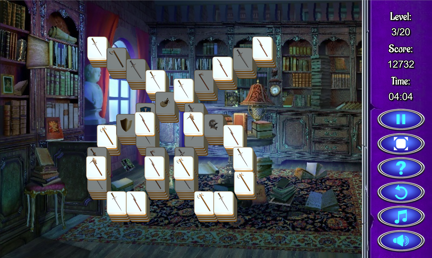 Mysterious Mahjong Game Medieval Weaponry Tiles Screenshot.