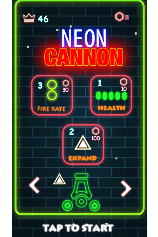 Neon Cannon Welcome Screen Screenshot.