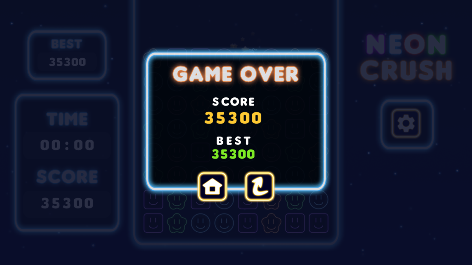 Neon Crush Game Over Screenshot.