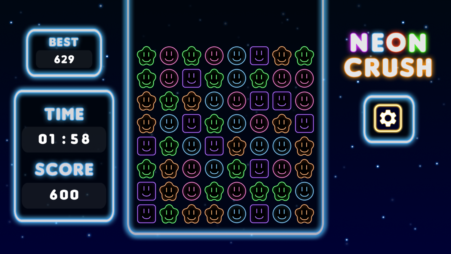 Neon Crush Game Start Screenshot.