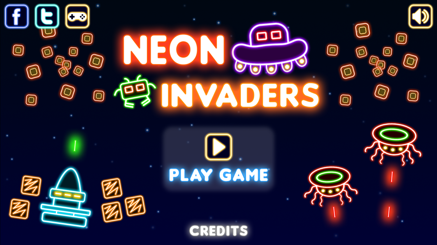Neon Invaders Game Welcome Screenshot.