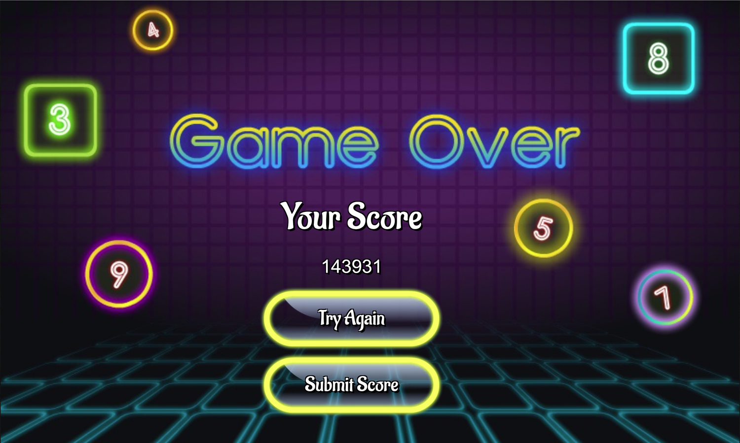 Neon Math Game Over Screen Screenshot.