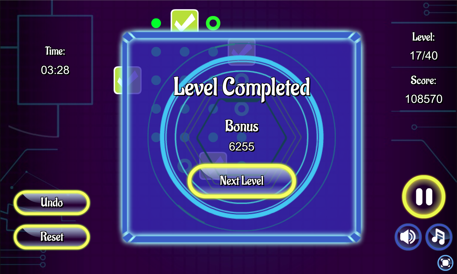 Neon Math Game Level Complete Screen Screenshot.