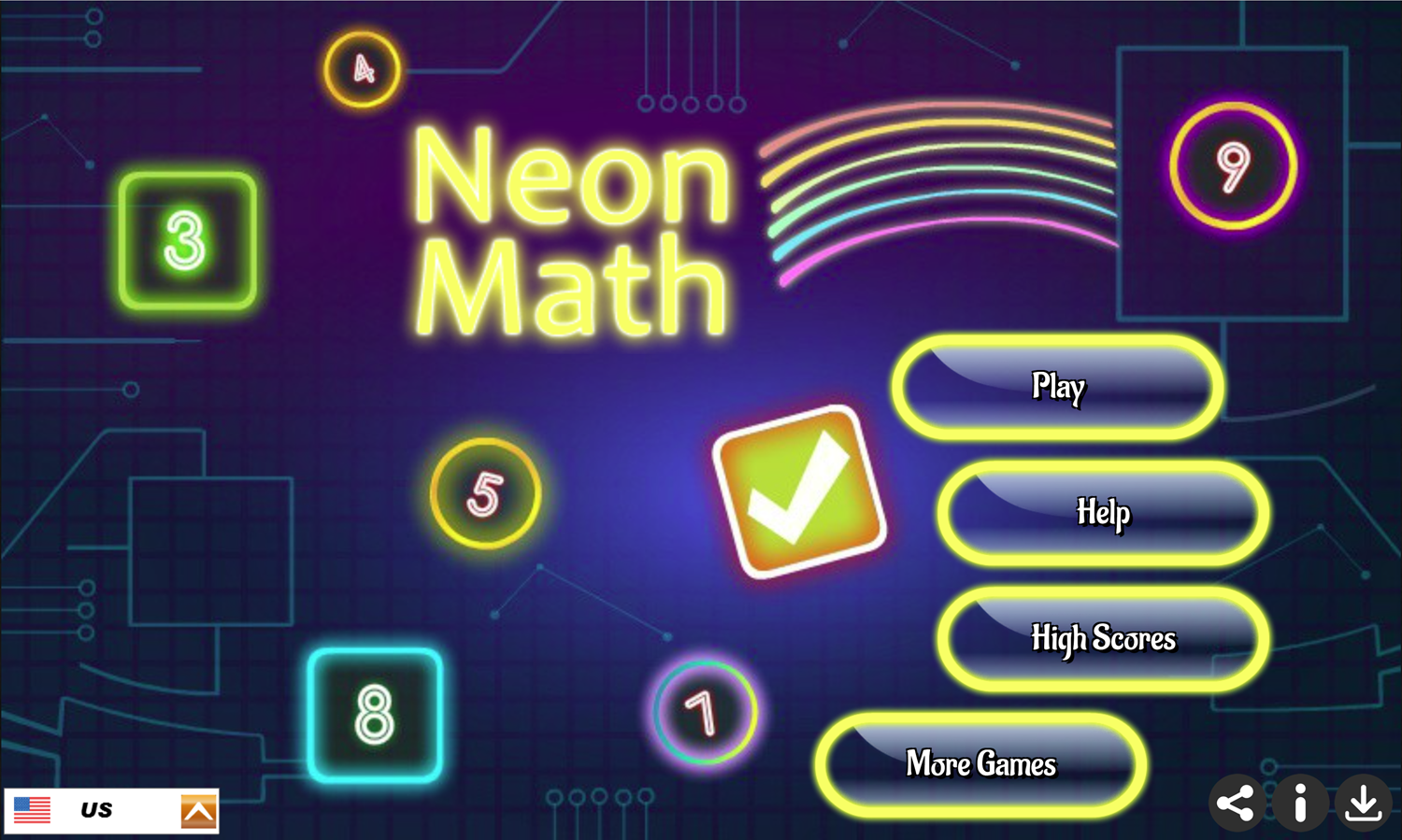 Neon Math Game Welcome Screen Screenshot.