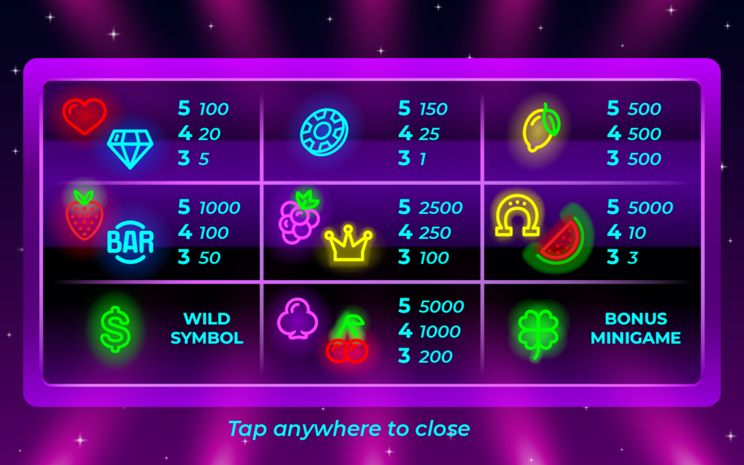 Neon Slot Machine Game Prizes Screenshot.