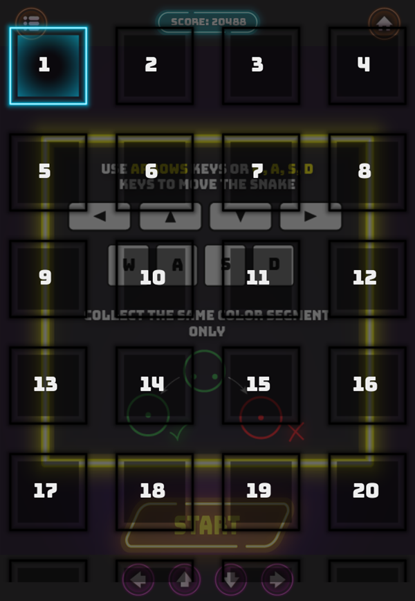 Neon Snake Game Level Select Screenshot.